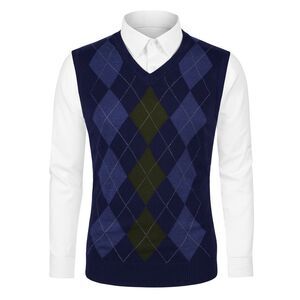 Casual Argyle Vest Sweater V Neck Slim Fit Sleeveless Knit Pullover Navy